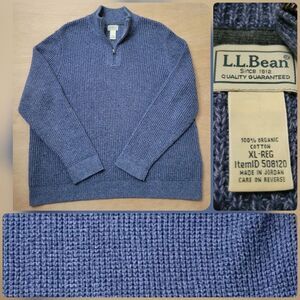 LL Bean Waffle Sweater Size XL Organic Cotton Quarter Zip Blue Item # 100220
